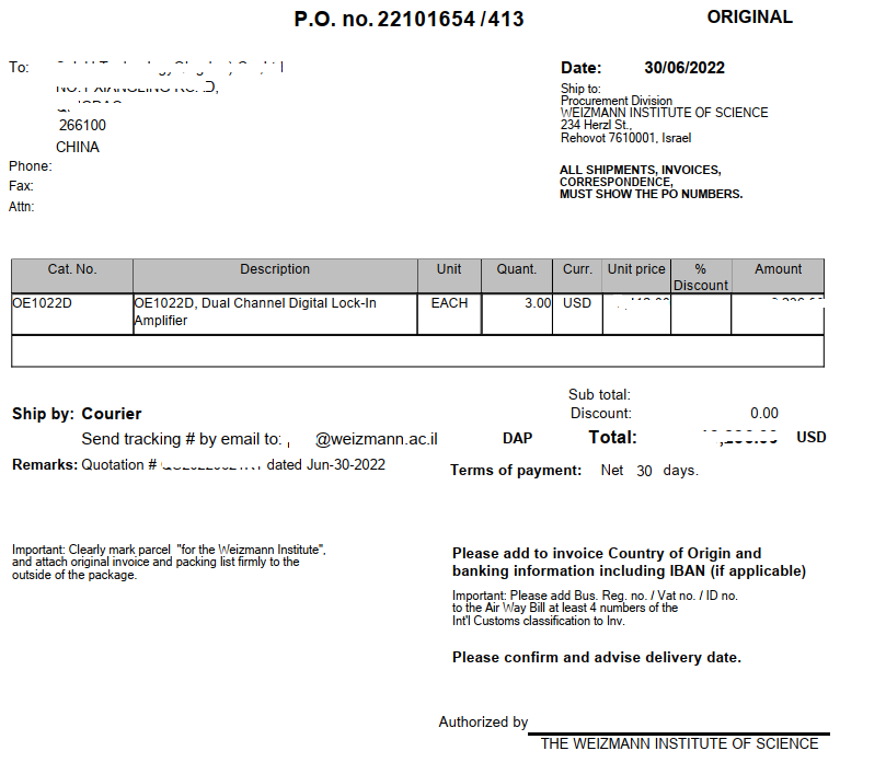 赛恩科仪再次获得以色列维茨曼研究所多台锁相放大器订单 赛恩科仪再次获得以色列维茨曼研究所多台锁相放大器订单